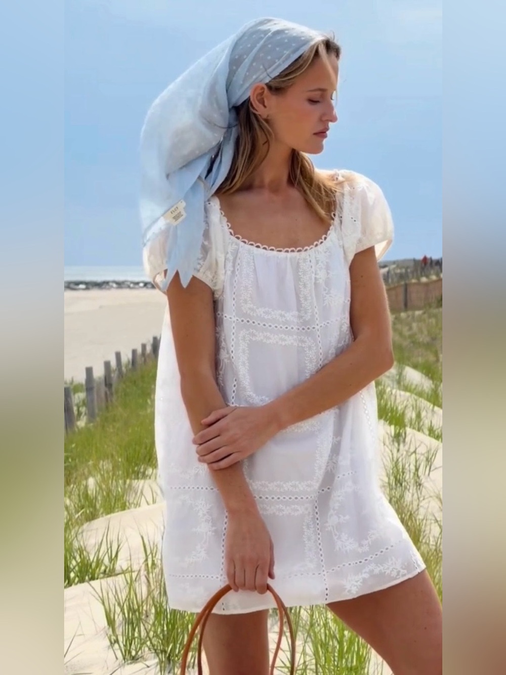 Kourt Nya White Eyelet Puff Sleeve Embroidered Mini Dress Large NWT